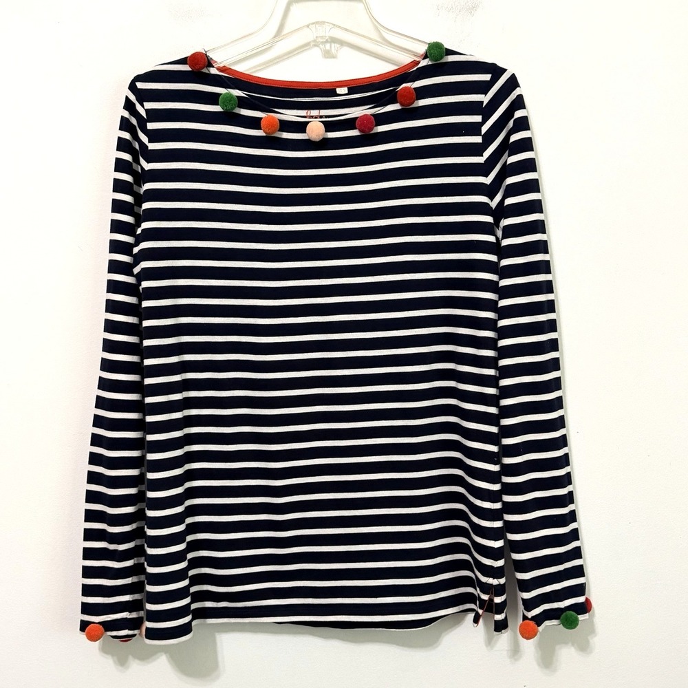 Boden Breton Top Tee 8 Navy Stripe Long Sleeve Pom Poms Party #8056 Trendy Shirt